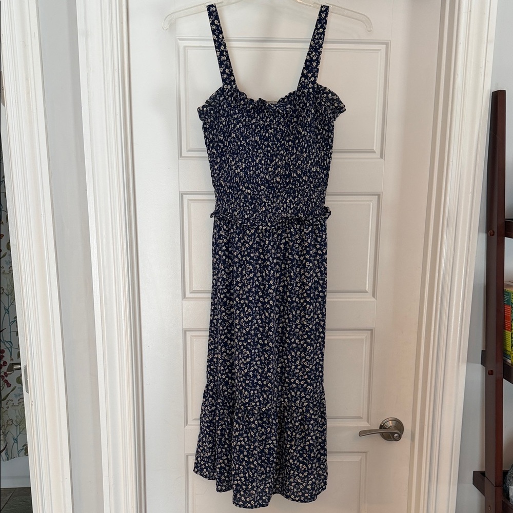 Floral Navy Blue Sundress with Smocked Bodice